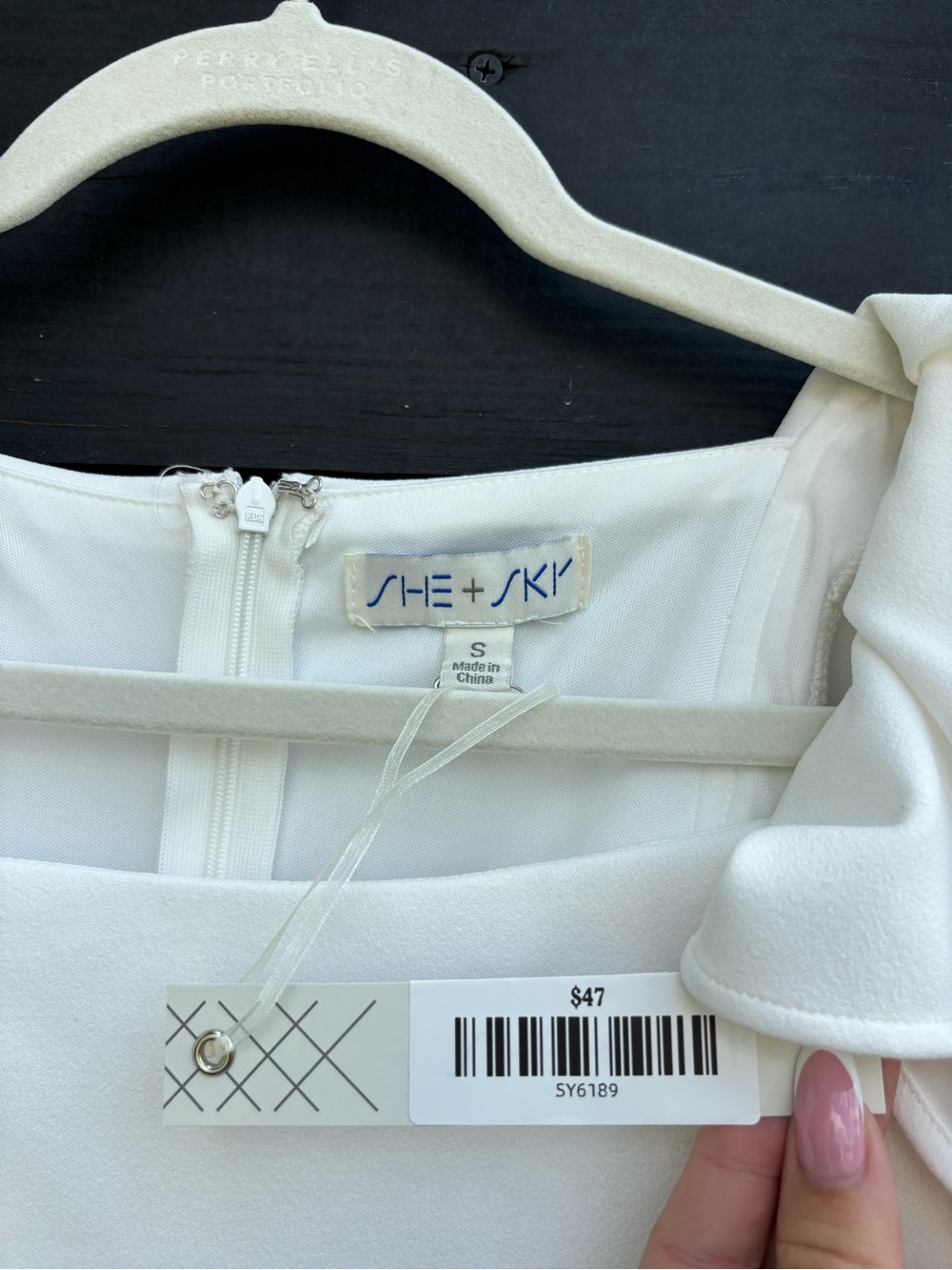 She + Sky Ivory Ruffle Shoulder Shift Mini Dress - Picture 3 of 3